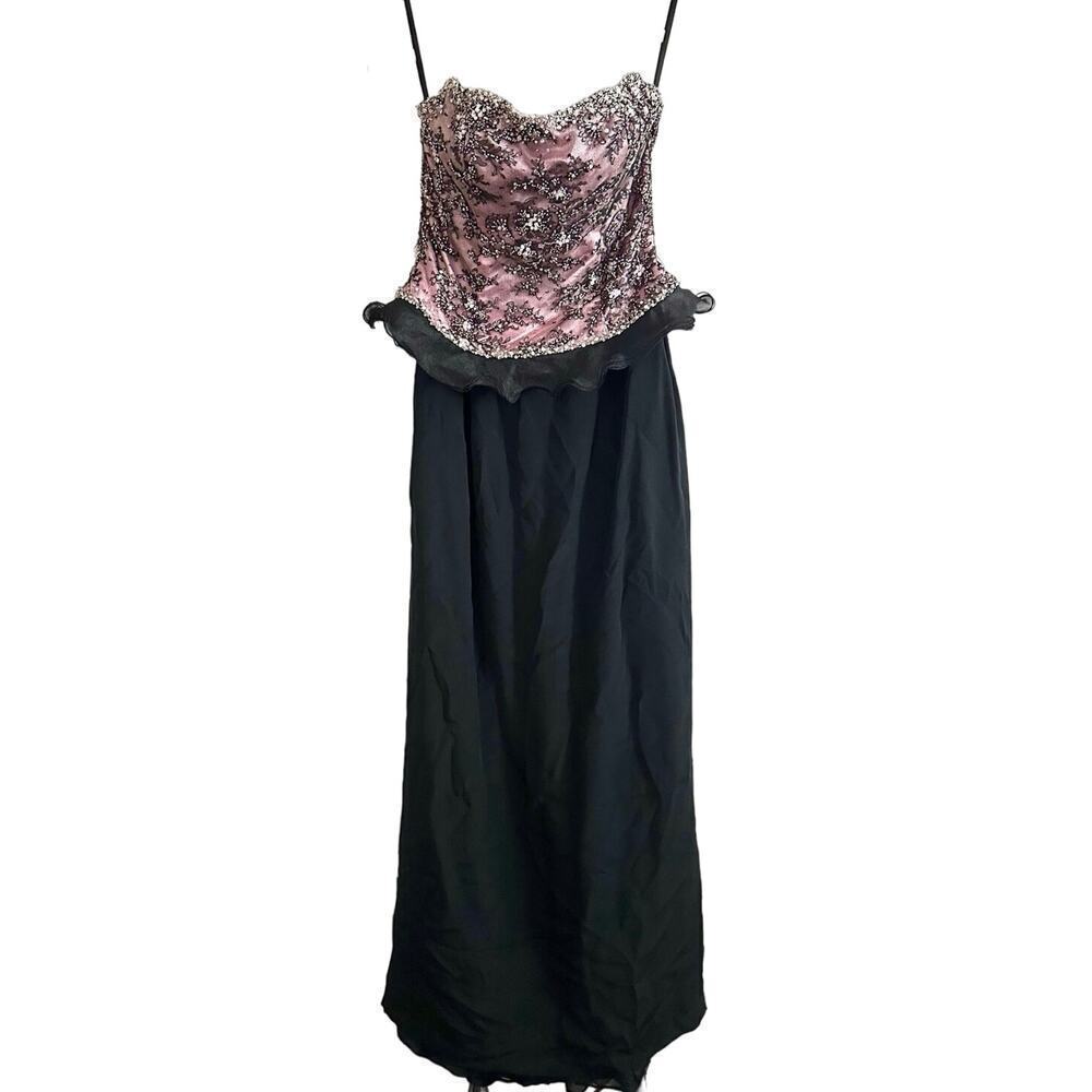 STEPHEN YEARICK Beaded Silk Strapless Lavender Black Gown Peplum Ruffled - Sz 8